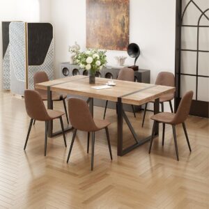 Dinner Table Set for 6, Modern 71'' Rectangle Wood Dining Table and Fabric Chairs Set of 6